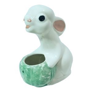 Vintage Bunny Rabbit Planter Flower Pot Green Cabbage White Pink Black Approx 6"